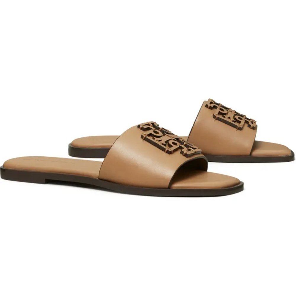 ❤️ NIB Tory Burch Ines Logo Slide Leather Sandal Almond Flour 7.5 8 8.5 9 9.5 10